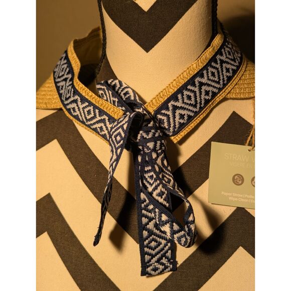 Sea & Grass Straw Visor Tie Back Sun Hat Navy White Tribal Geometric One Size - Picture 7 of 7